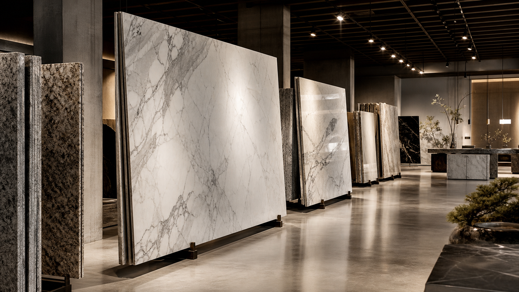 Showroom de Marmolería MyM con placas de mármol y granito pulido en exhibición