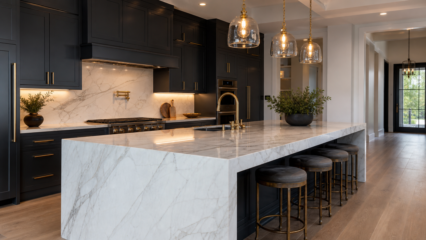 Mesada de cocina de mármol blanco con isla waterfall